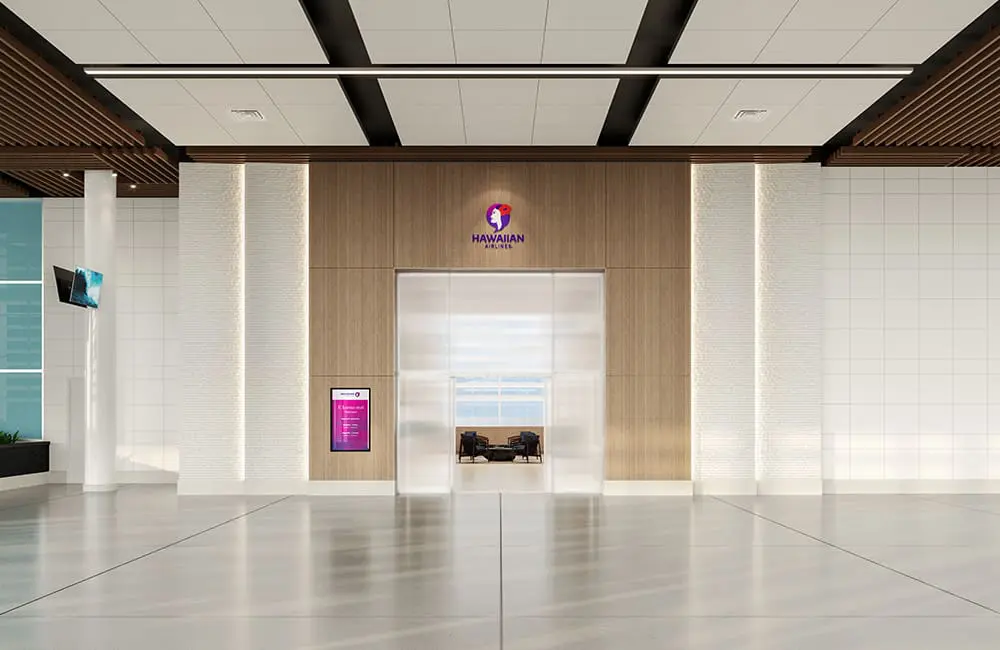 Render of Hawaiian Airlines' upcoming premium lounge façade at Mauka Concourse at Honolulu Airport.