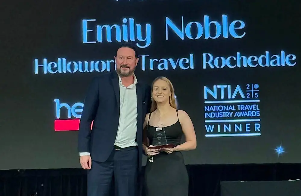 The Rising Star Award recognises advisors who show exceptional potential, initiative and leadership. Emily is pictured here with Helloworld Travel Group General Manager Retail Networks Nick Sutherland.