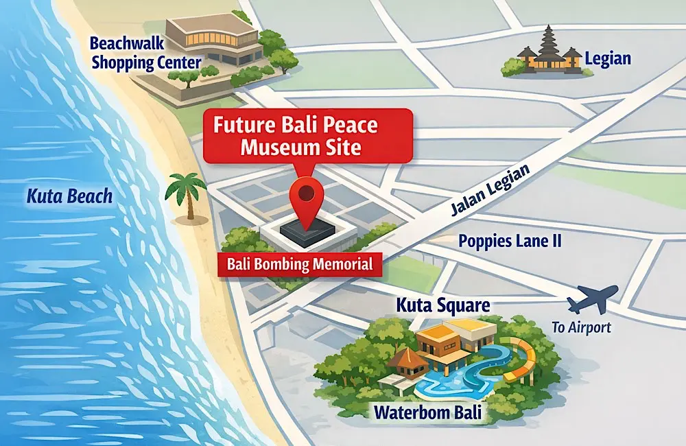 Approximate location of the planned Bali Peace Museum beside the Bali Bombing Memorial on Jalan Legian, Kuta.
