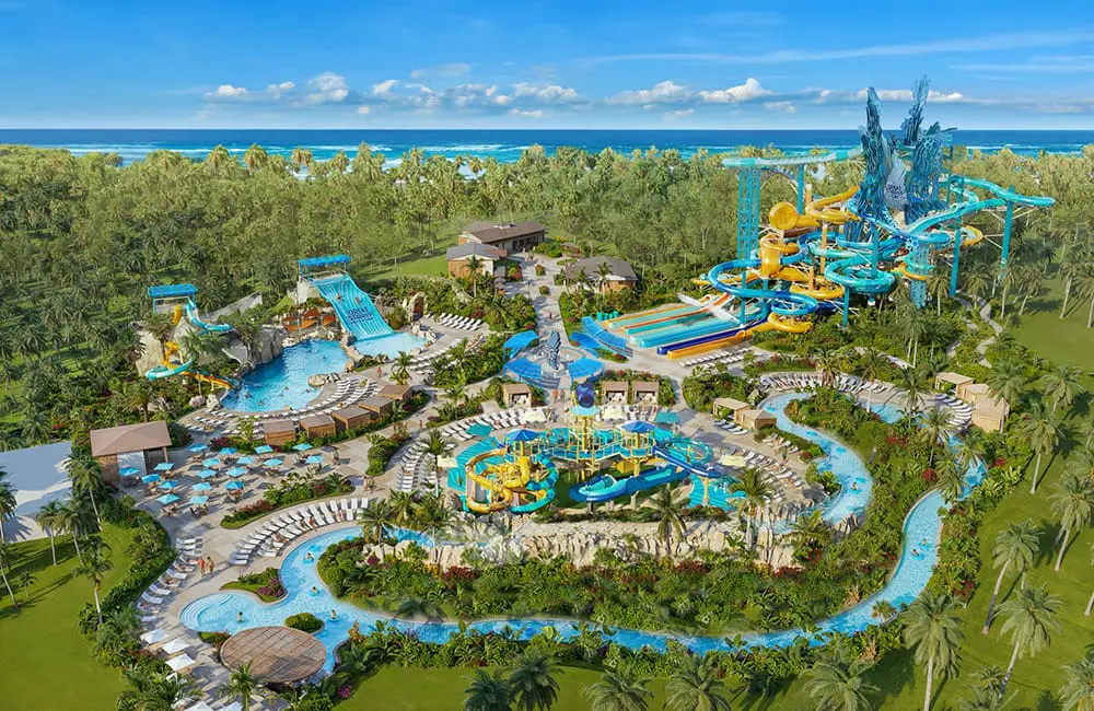Aerial render of the upcoming Great Tides Waterpark on Great Stirrup Cay.