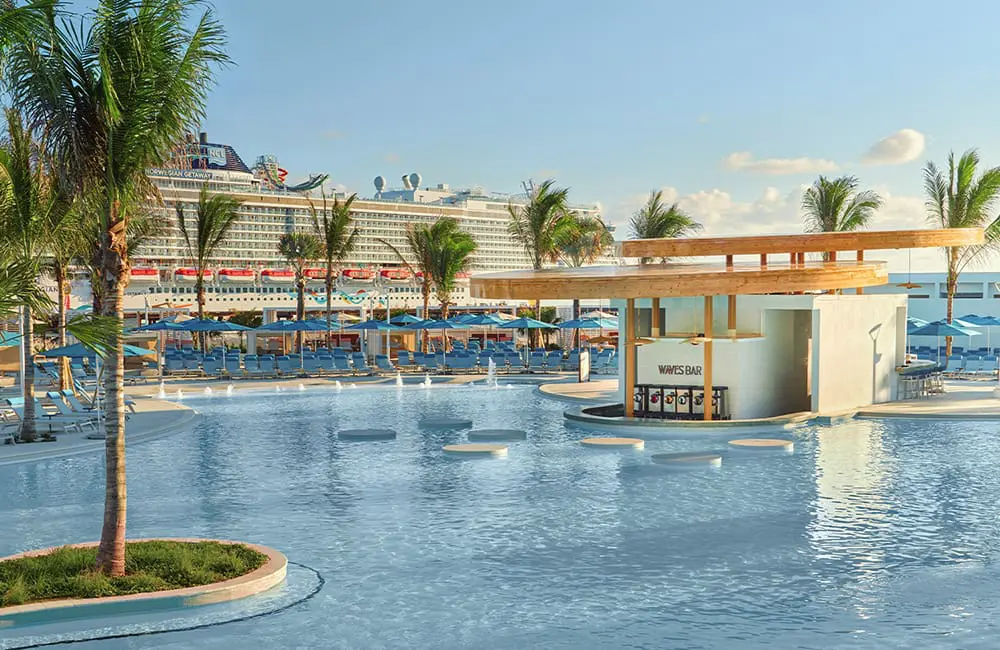 Render of Waves Bar, a swim-up bar within the Great Life Lagoon.