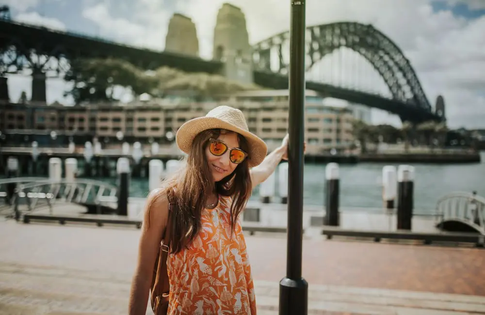 Female international tourist at Circular Quay in Sydney with Sydney Harbour Bridge in background. Australian tourism forecast