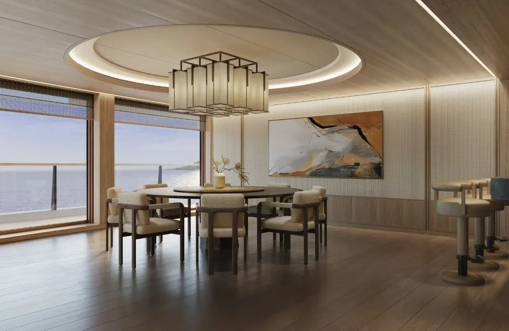 The living room in an Aman Suite on the ultra-luxury motor yacht