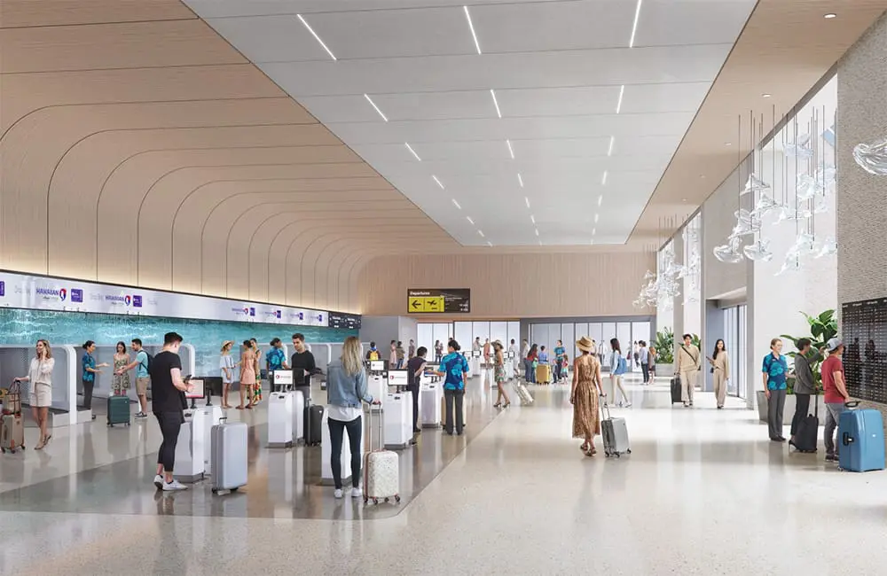 Render of Hawaiian Airlines' refreshed airport arrivals area.