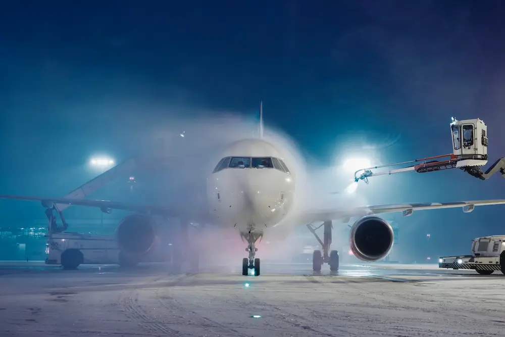 Winter Storm Fern forecast to disrupt US travel; here’s what travellers need to know 2 Deicing of airplane before flight. Winter frosty night and ground service at airport during snowfall.