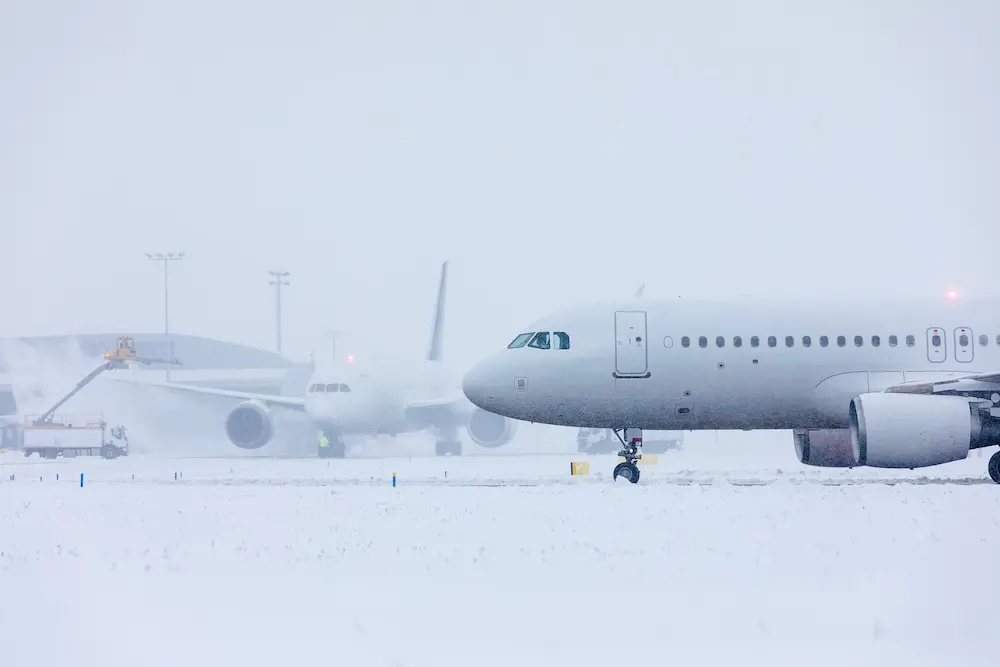 Snowed under: Hundreds of flights cancelled as Europe’s cold snap bites 3 Deicing aircraft at a snowy airport.
