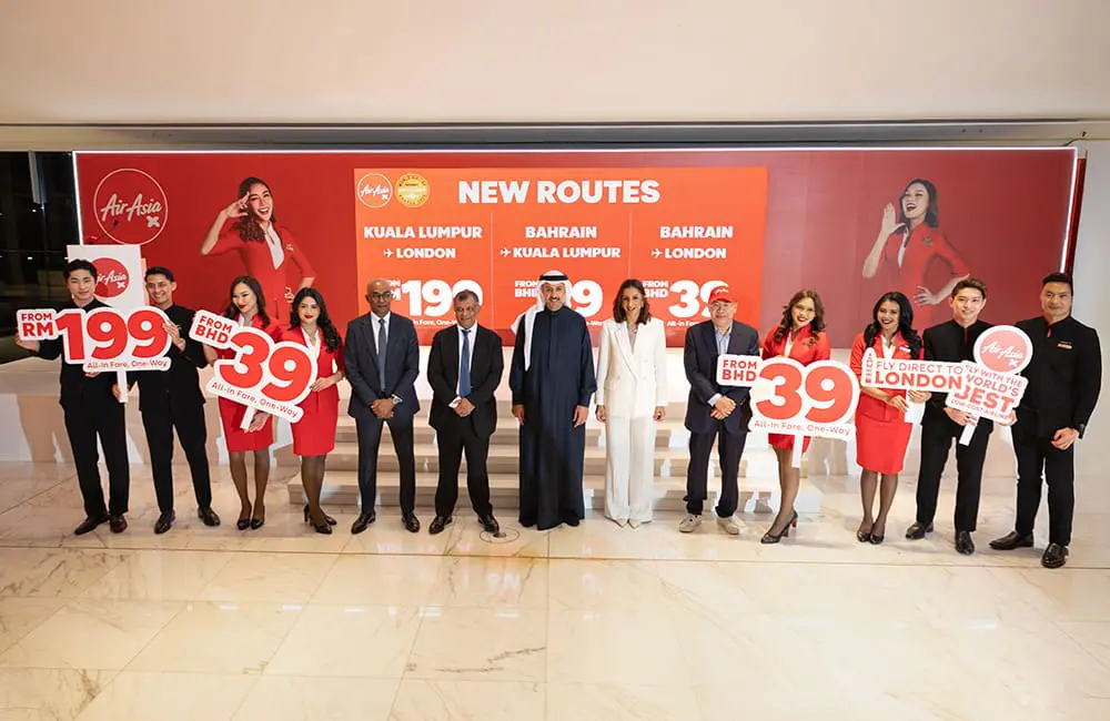 AirAsia X and Bahrain hub team, including AAX Group CEO Bo Lingam (fifth from left) launch new routes, linking Australia and Asia to the Middle East and Europe. Image: AAX