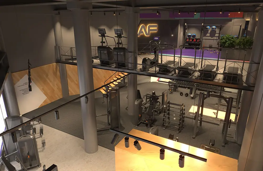 Render of Sydney Airport gym interior at T1 International arrivals operated by Anytime Fitness.