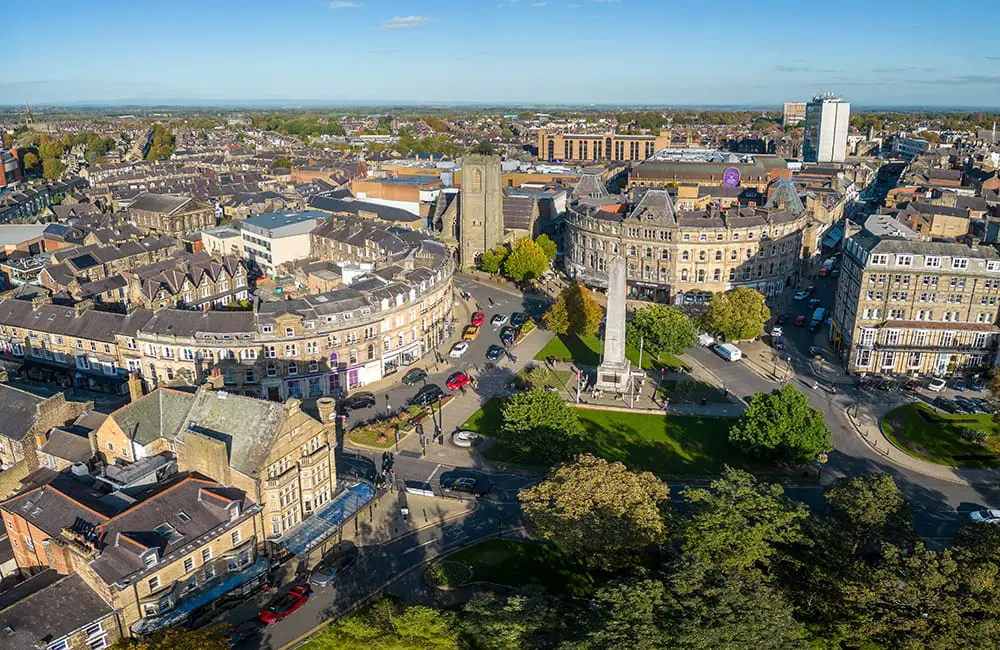 Aerial image of Harrogate, UK with medieval buildings in city centre