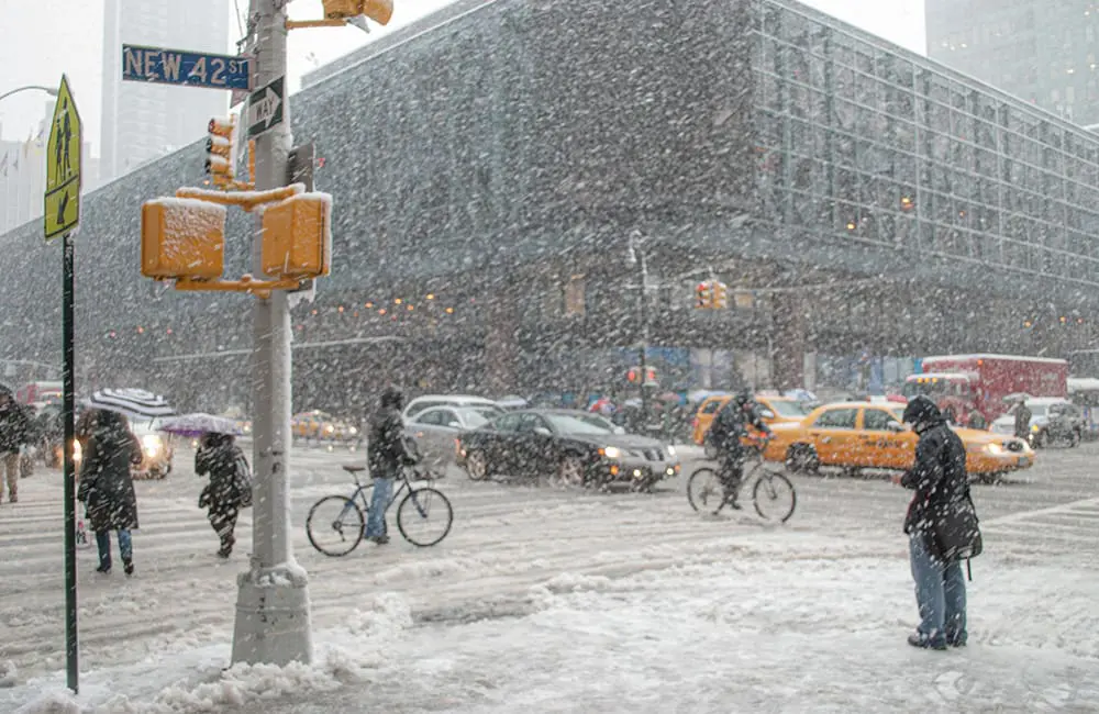 Snow blizzard at NYC's Times Square. Image: andykazie/iStock