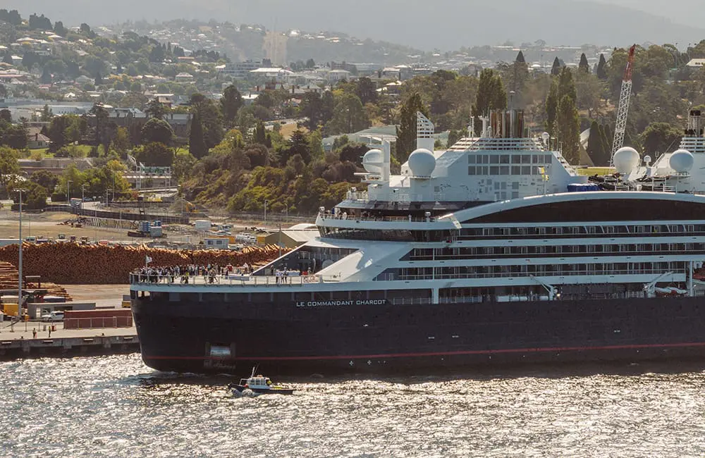 Passengers on board Le Commandant Charcot icebreaker in Hobart.