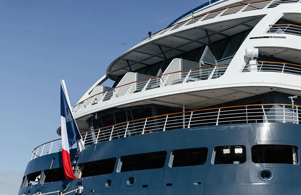Close-up of Le Commandant Charcot polar expedition ship in Hobart.
