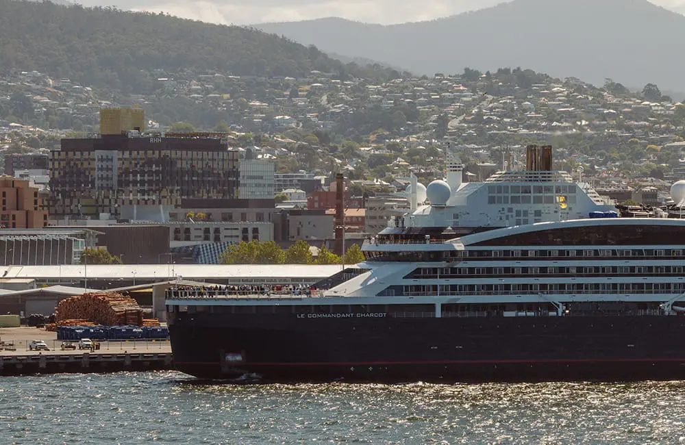 Le Commandant Charcot polar expedition ship arrives in Hobart for the first time. Image: Ponant