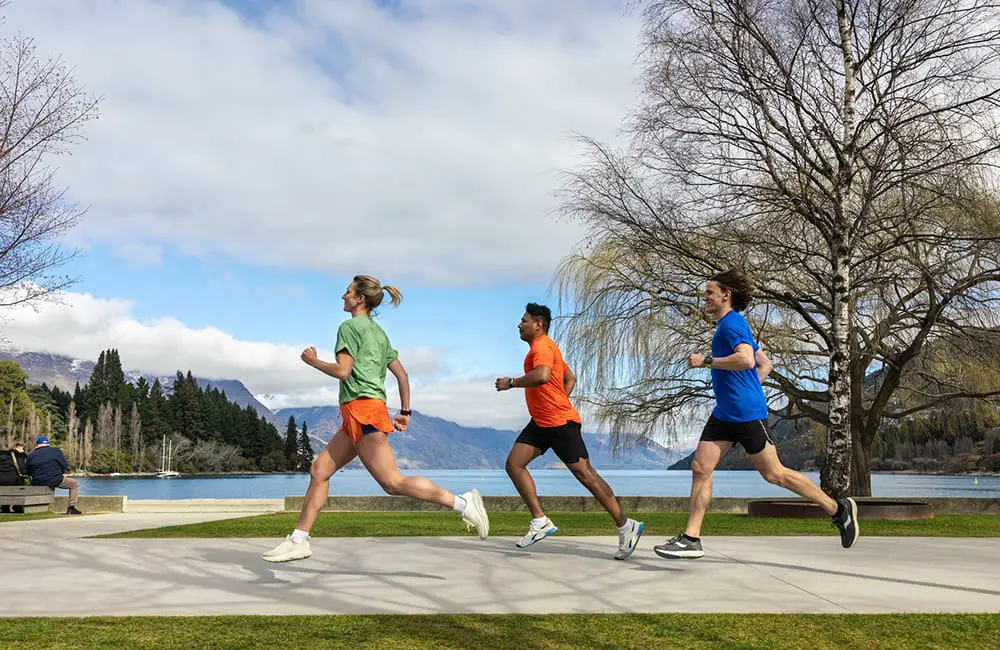 Trio of runners in Queenstown, Otago – Tourism New Zealand Active Escapes campaign. Image: Camilla Rutherford