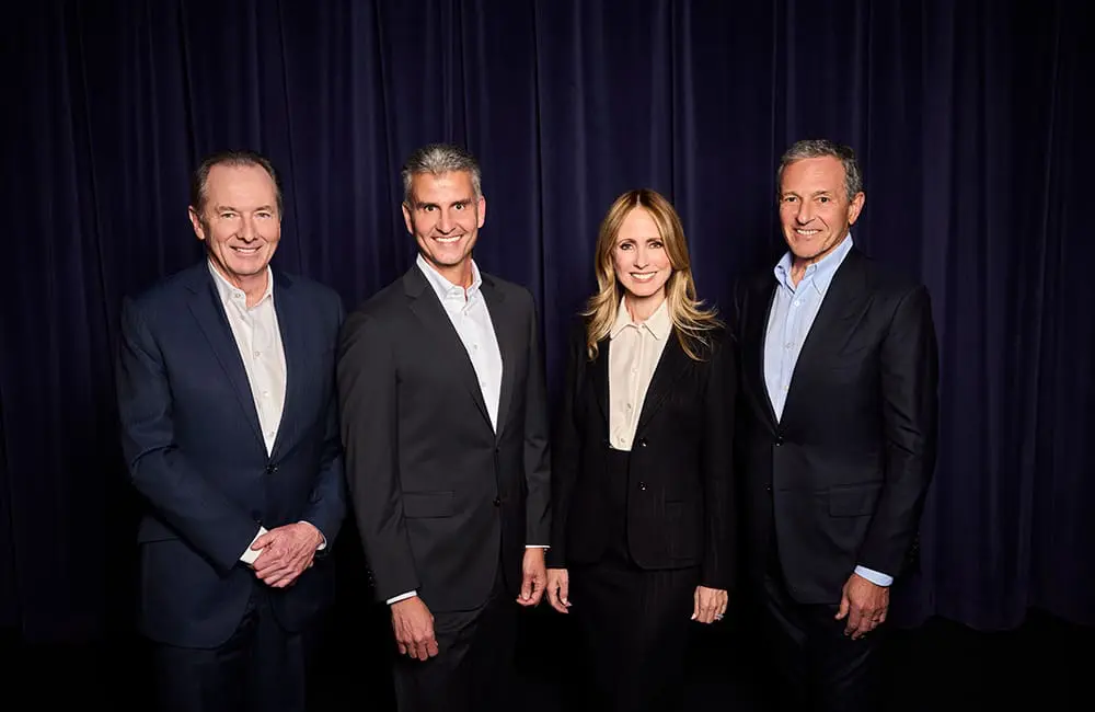 The Walt Disney Company Board Chair James Gorman, new CEO Josh D'Amaro, new President & Chief Creative Officer Dana Walden & outgoing CEO Bob Iger. Image: The Walt Disney Company