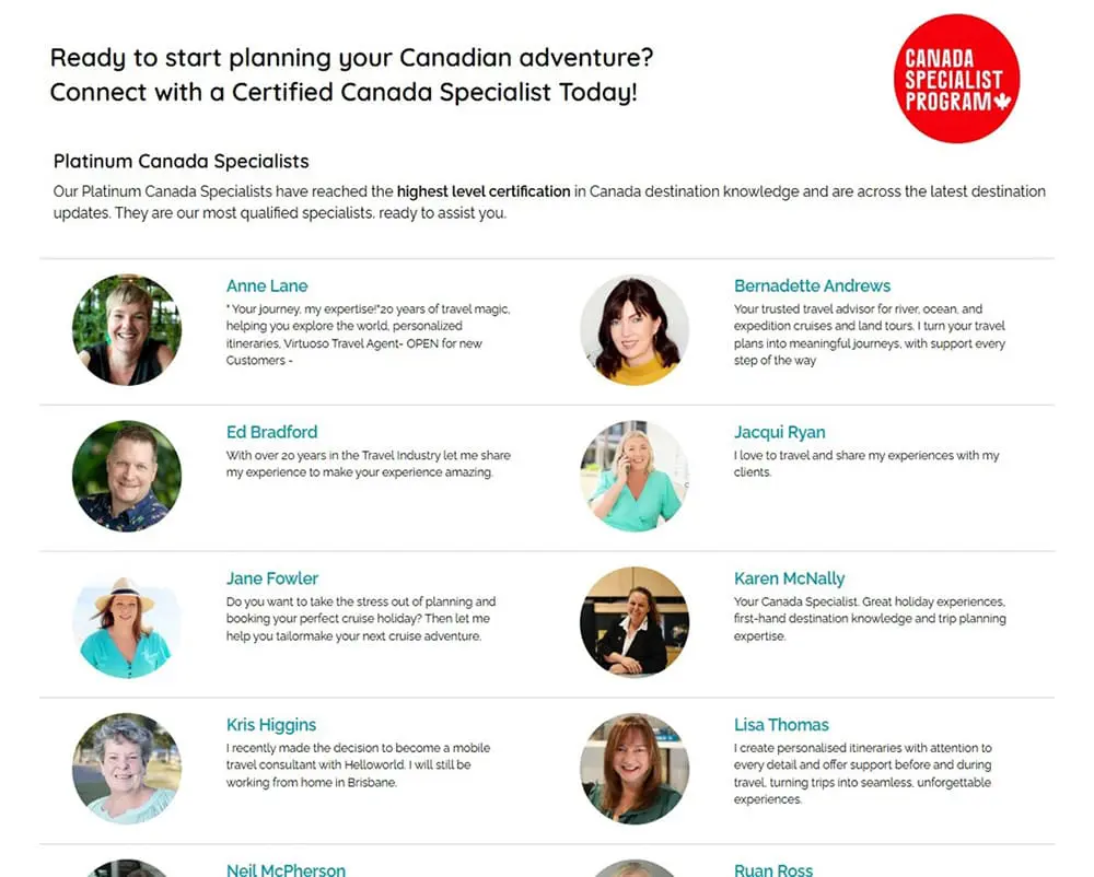 Featured Platinum Canada Specialists on the Travel Agent Finder Canada Specialists page.