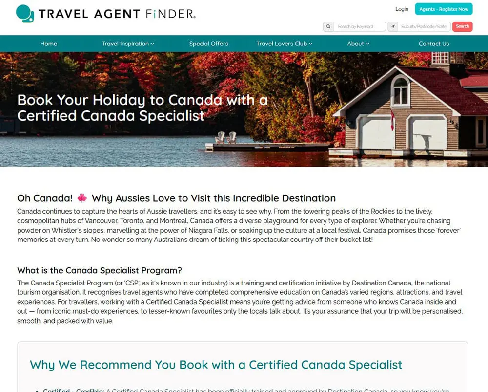 Travel Agent Finder's Canada Specialists page.
