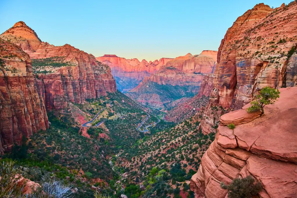 Zion National Park Sandstone Cliffs and Road at Golden Hour Vantage Point