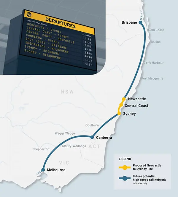 Sydney to Newcastle in 60? High-speed rail moves to design phase with 1-hour travel target 2 Proposed Sydney to Newcastle high-speed rail route map.