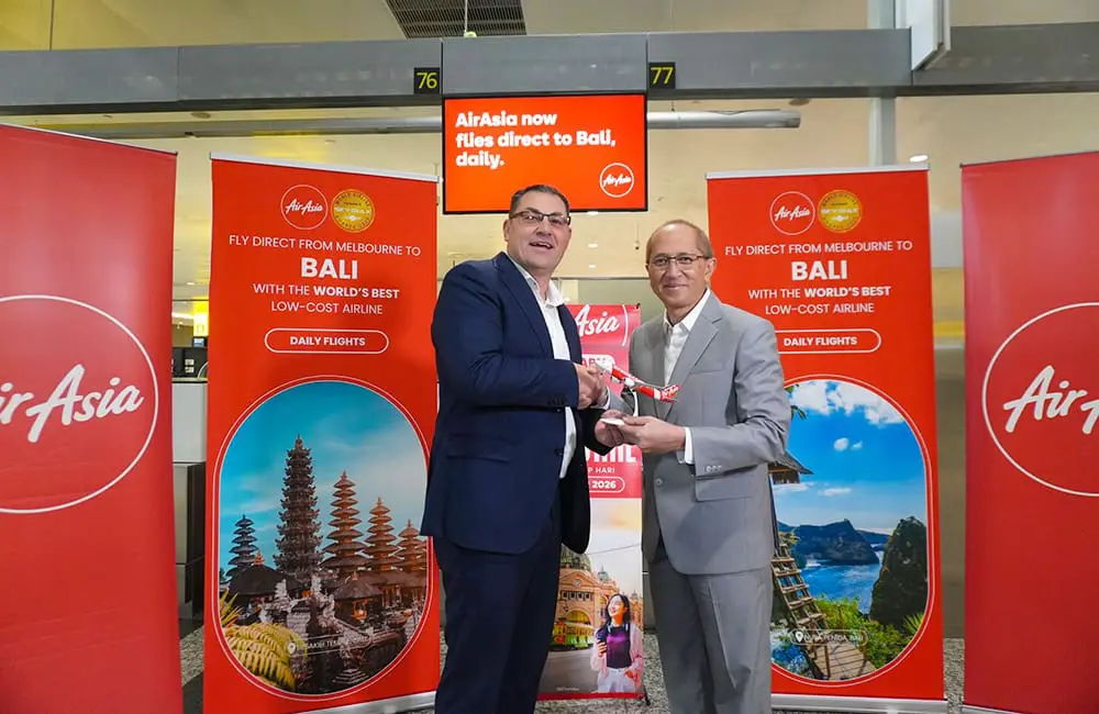 Melbourne Airport AirAsia Chief of Aviation Jim Parashos and Indonesia AirAsia General Manager Captain Achmad Sadikin Abdurachman at the AirAsia launch.