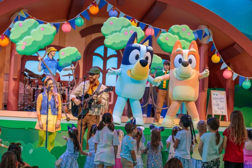 “Bluey’s Best Day Ever!” celebrates the heart and humor of the critically acclaimed animated series “Bluey” in the Fantasyland Theatre in Disneyland park in Anaheim, Calif., beginning March 22, 2026. Bluey and Bingo appear on stage at set times throughout