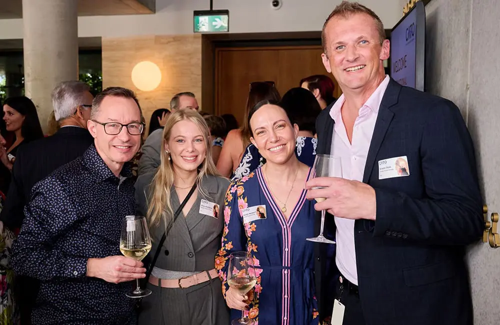 Inside Travel Group team at the 2026 CATO IWD Lunch in Brisbane: Simon King, Elise Hodgson, Nicole Newport and Shane Voss. Image: CATO