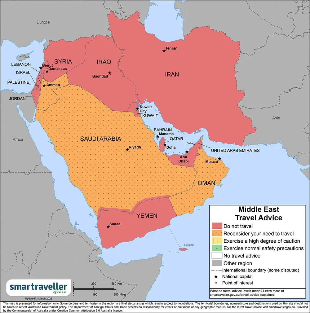 DFAT Smartraveller map of Middle East as of 10 March 2026