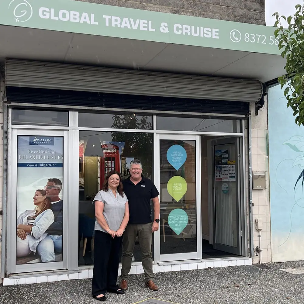 Global Travel & Cruise Founder Meral Murgoski with Travellers Choice BDM Graham Smith outside her agency in Melbourne