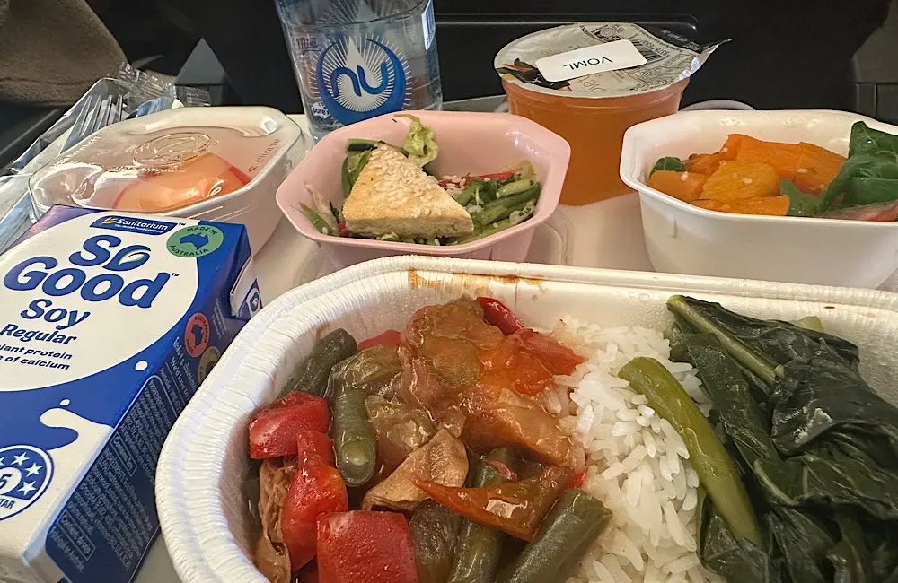 Vegetarian special meal service onboard a Japan Airlines international flight.