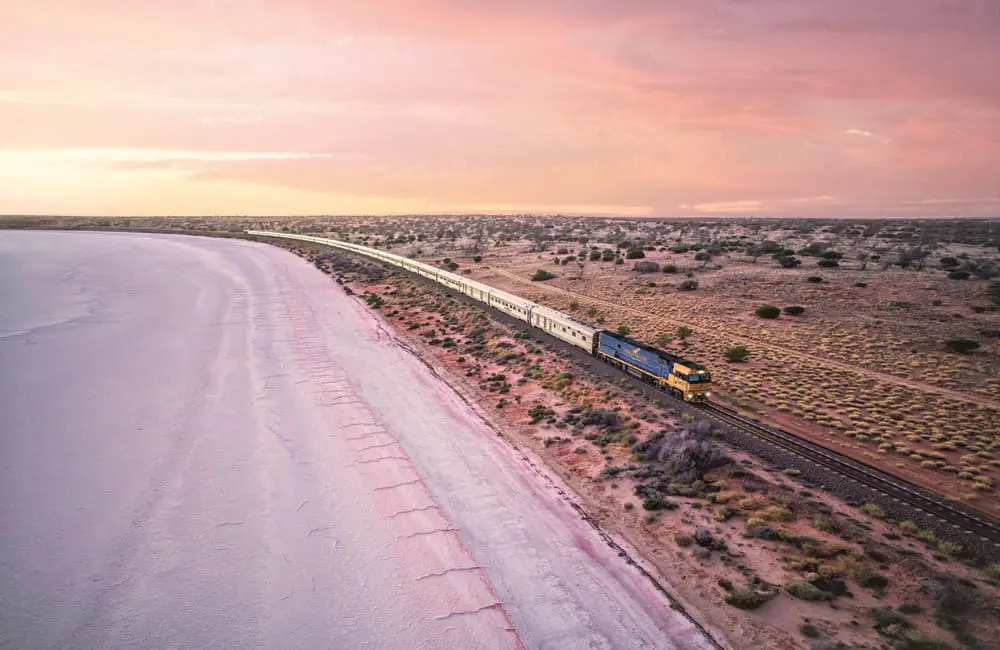 The Indian Pacific train crossing Lake Hart in South Australia.