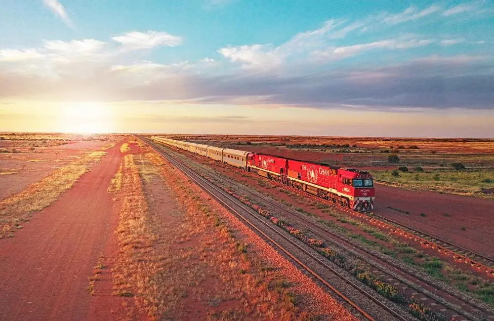 The Ghan train at sunset.