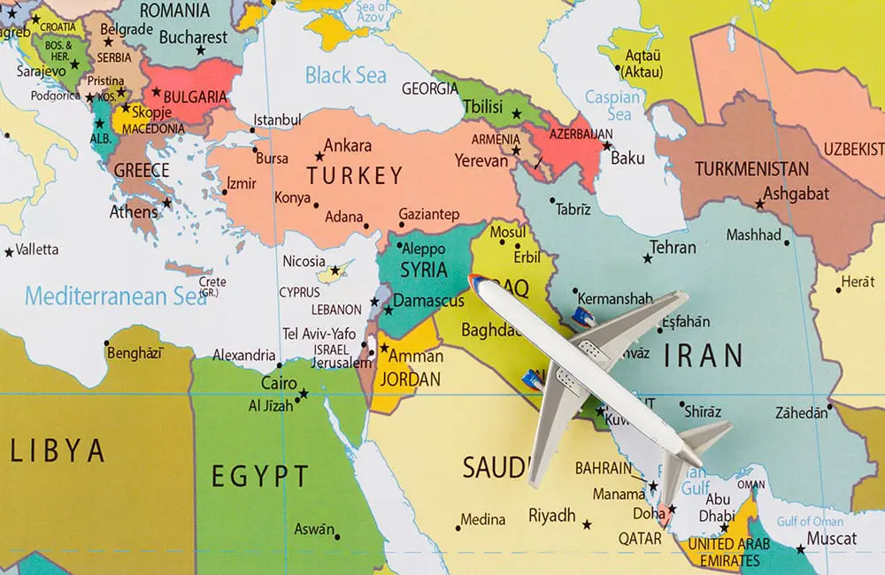 Middle East map with airplane - US/Israel/Iran war 2026 Image: denizbayram/iStock