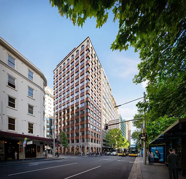 Render of Motto by Hilton Sydney City Centre hotel exterior at street level.