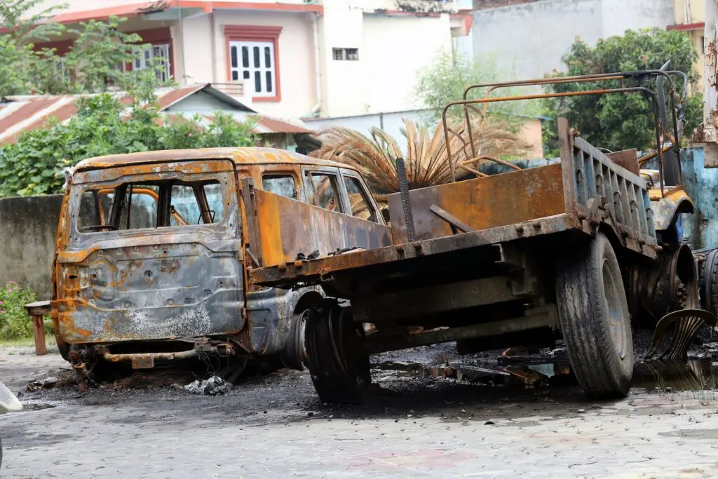 The photos show the aftermath of a protest where several vehicles belonging to Inaruwa Municipality were set on fire. The incident took place during the Gen Z Movement's protest on September 8, 2025, and these photos were captured on September 18, 2025, in Inaruwa, Nepal. The images document the extensive damage caused by the social unrest. Nepal