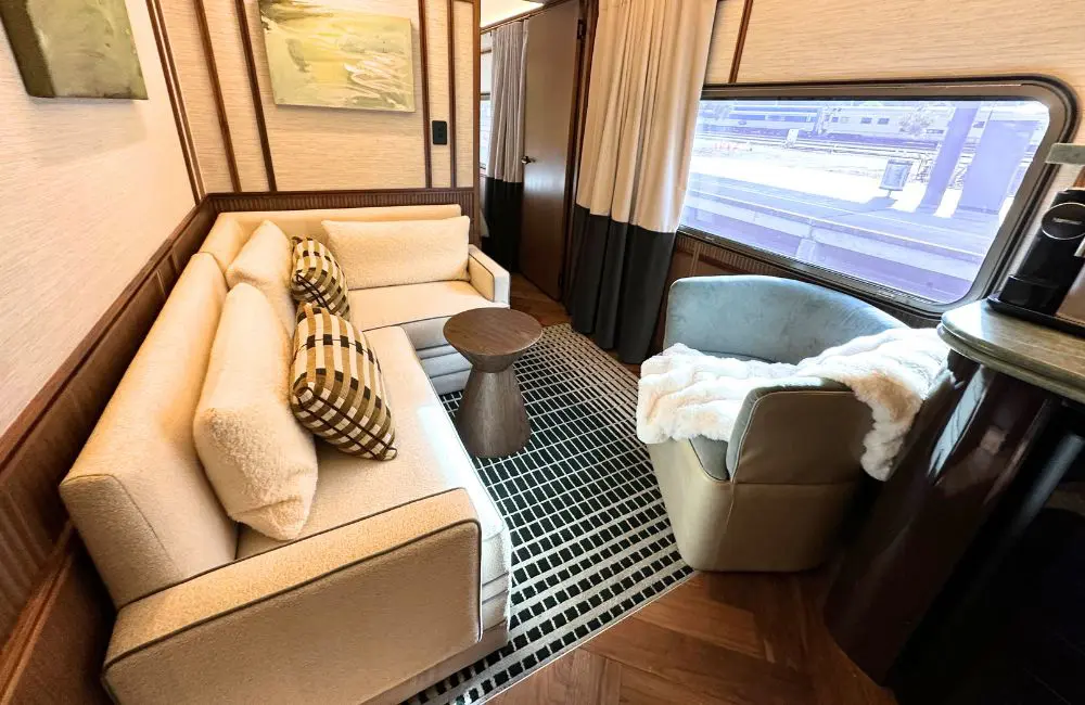 The lounge in Journey Beyond's new Aurora Suite on the Indian Pacific and The Ghan