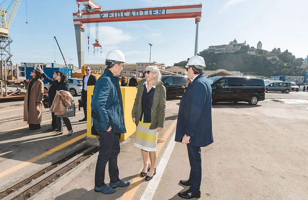 Viking unveils world-first hydrogen-powered cruise ship set for 2026 launch 1 Viking Executive Vice President of Product Karine Hagen (centre) at Fincantieri’s Ancona Shipyard for the float out ceremony of the Viking Libra hydrogen cruise ship.