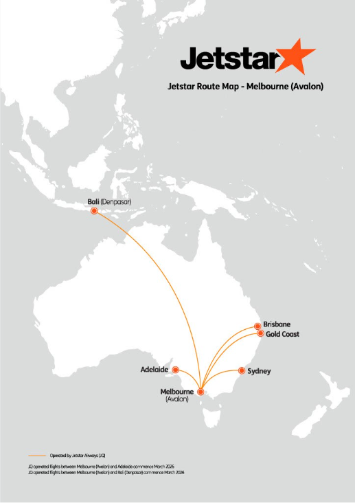 Jetstar kicks off first international flights from Avalon today with new Bali route 3 Jetstar's Avalon network map.