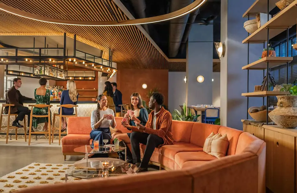 Communal lobby space at Motto By Hilton Philadelphia Rittenhouse Square.