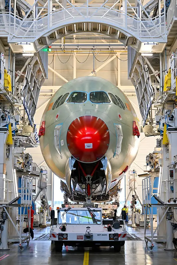 Qantas A350 aircraft in the hangar.