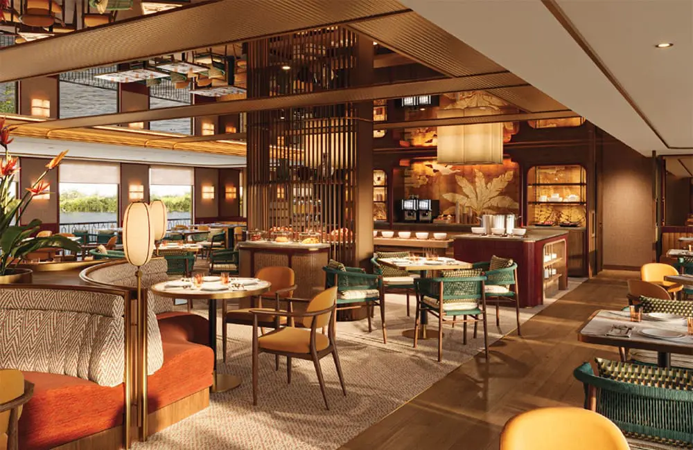 Render of the main restaurant aboard the upcoming AmaMaya.
