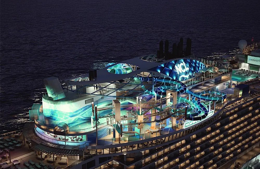 Norwegian Aura’s outdoor activity areas will shift at night with immersive lighting and LED projections designed to create a more social atmosphere onboard.