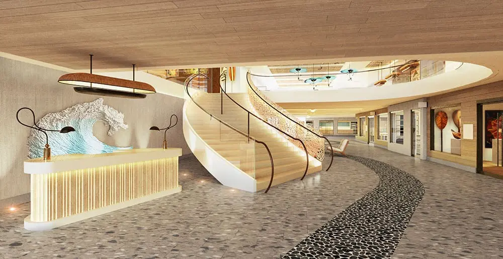 Render of the new staircase entry at Outrigger Waikīkī Beach Resort.