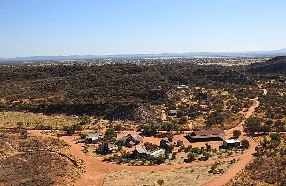 Aerial view of the Ooraminna Station Homestead property in Central Australia.