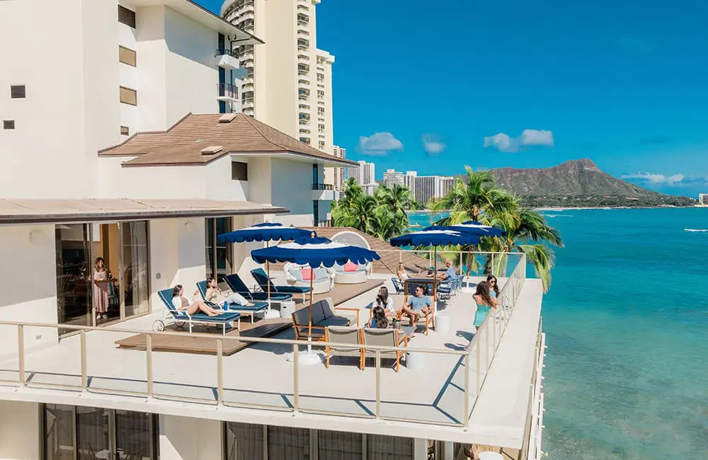 Coral Reef Penthouse deck at Outrigger Reef Waikīkī’ Beach Resort with views of Diamond Head – Premiere Suite Collection
