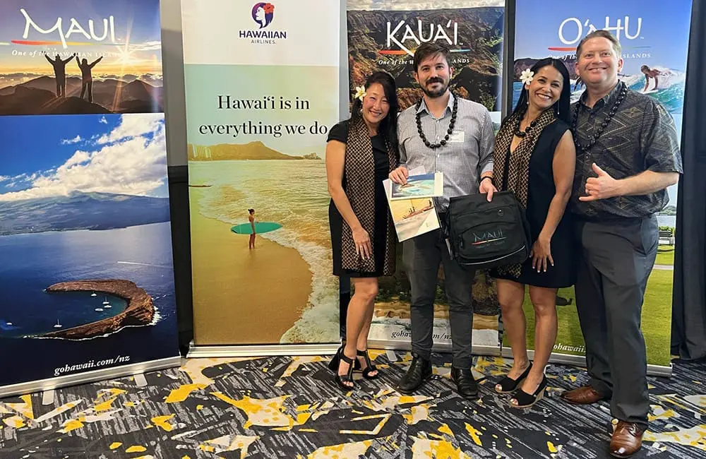 Movers + Shakers: Emily Watters joins Hawai‘i Tourism Oceania as Trade & PR Account Manager 4 Month of Lei Brisbane winner Alex Forgan (Flight Centre, second from left) with Maile Brown (Kaua‘i), Karishma Chowfin (O‘ahu) and Brent Lausterer (Maui).