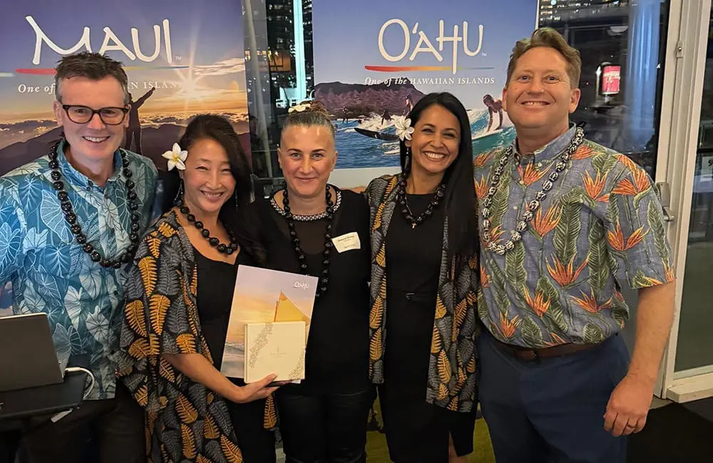 Movers + Shakers: Emily Watters joins Hawai‘i Tourism Oceania as Trade & PR Account Manager 3 Month of Lei Sydney winner Lana Kanchik (Travel Managers, centre) with Darragh Walshe (The Walshe Group), Maile Brown (Kaua‘i), Karishma Chowfin (O‘ahu) and Brent Lausterer (Maui).