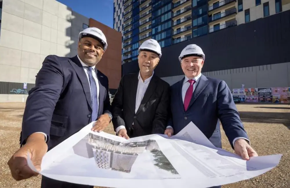 Hilton Adelaide East End signing. (L-R): Tushar Raniga (Hilton), Eric Luk (Auriga) & Tony Ryan (Trilogy Hotels).