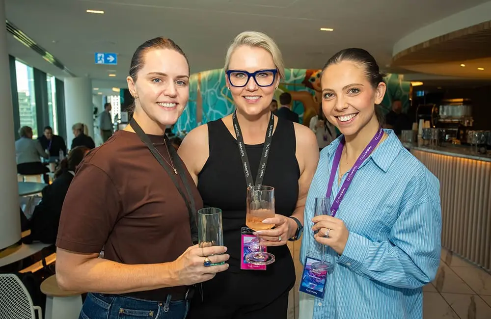 TAG Amplify conference: (L-R): TAG's Alexe Wallace and Lauren Tesch with Bec Garofalo (Crown Resorts).
