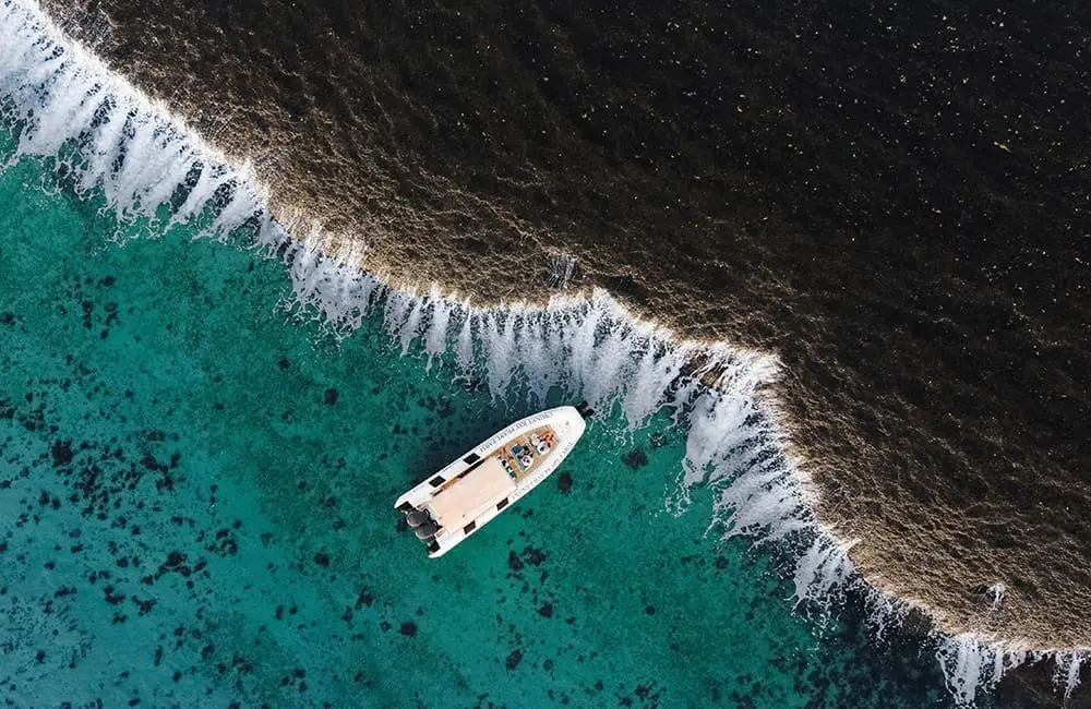 Aerial image of boat at Cygnet Bay Pearl Farm in WA.