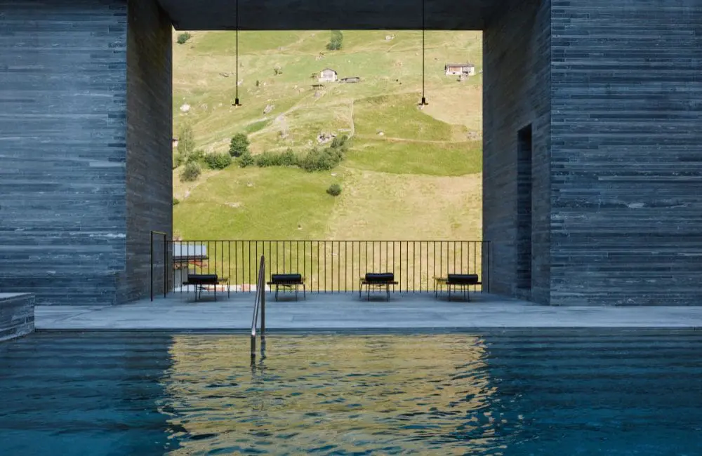 At 7132 Hotel in the Swiss Alps, thermal baths carved from quartzite and fed by mineral-rich springs 